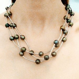 Vintage Tahitian Black Pearl Sterling Silver Station Neckace